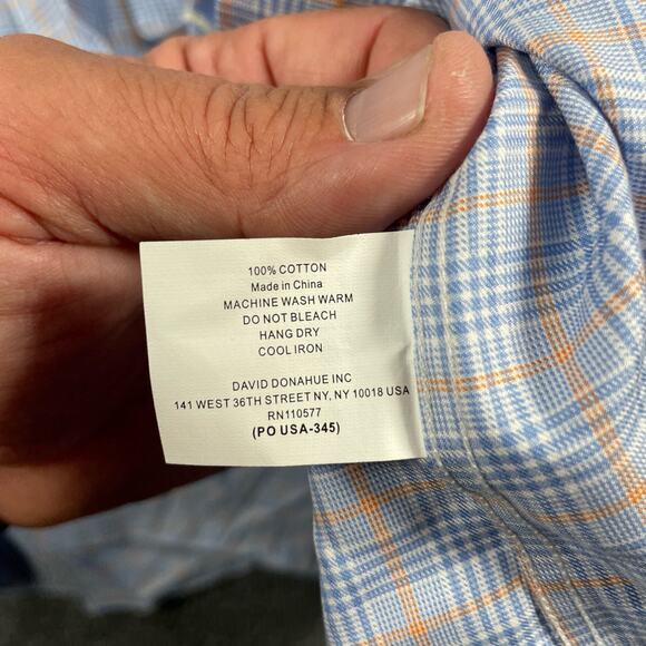 David Donahue Button Up Shirt Men's 17.5 34/35 Blue/Orange Tattersall Trim - Picture 10 of 12
